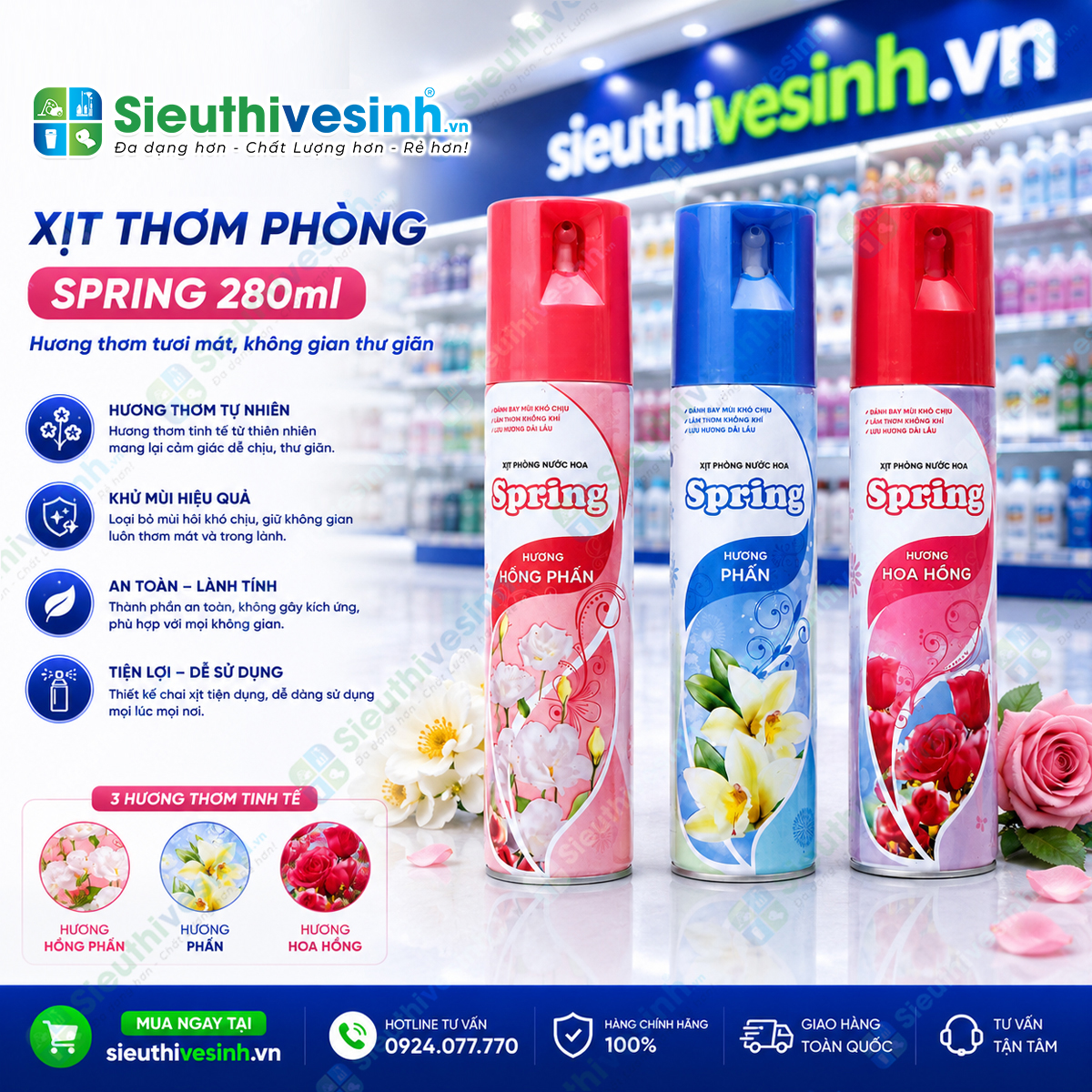 Xịt phòng Spring 280ml giúp khử mùi hôi, làm thơm không gian sống với hương thơm dịu nhẹ và dễ chịu.