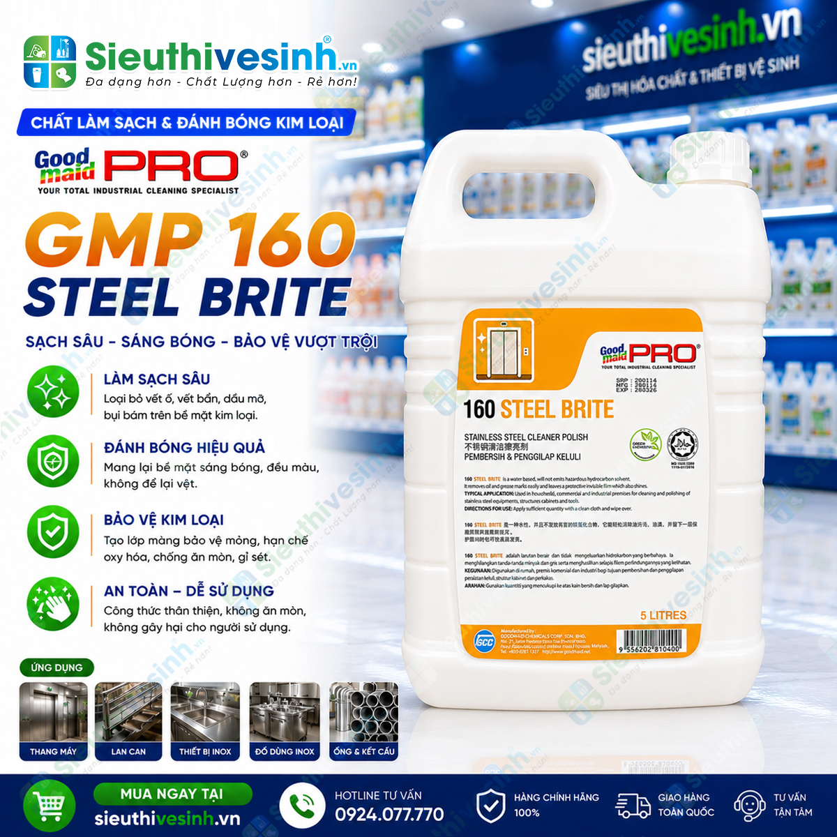 Hóa chất làm sạch và đánh bóng bề mặt inox Goodmaid PRO GMP 160 Steel Brite loại 5L