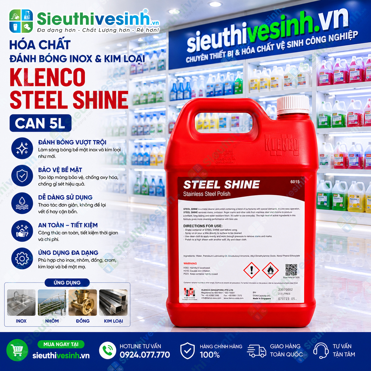 Klenco STEEL SHINE 5L giúp làm sạch, đánh bóng và bảo vệ bề mặt inox, thép không gỉ, nhôm và các kim loại, mang lại độ sáng bóng lâu dài.