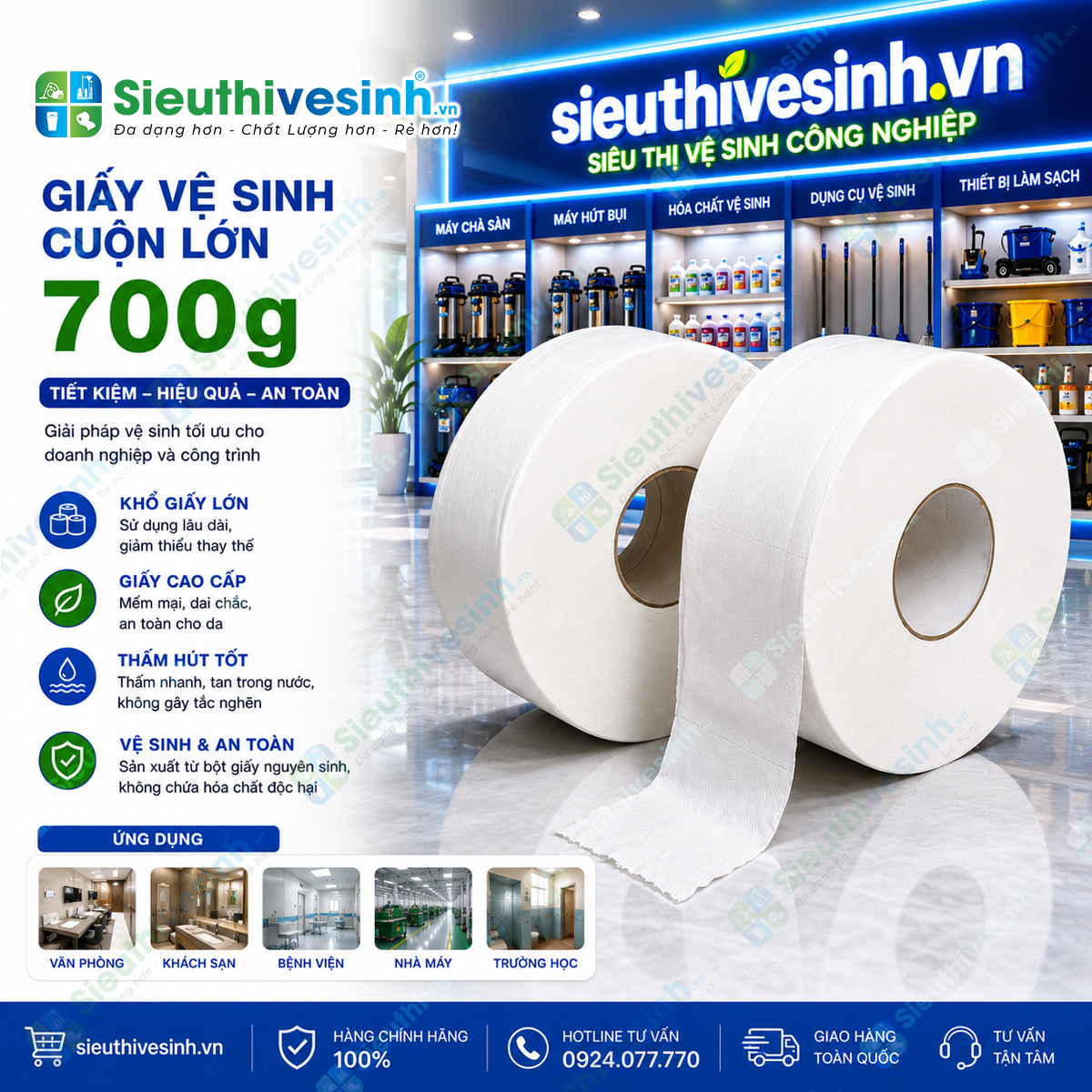 Giấy vệ sinh cuộn lớn 700g mềm mịn, thấm hút tốt, phù hợp sử dụng tại văn phòng, khách sạn, bệnh viện, nhà hàng và nhà máy.