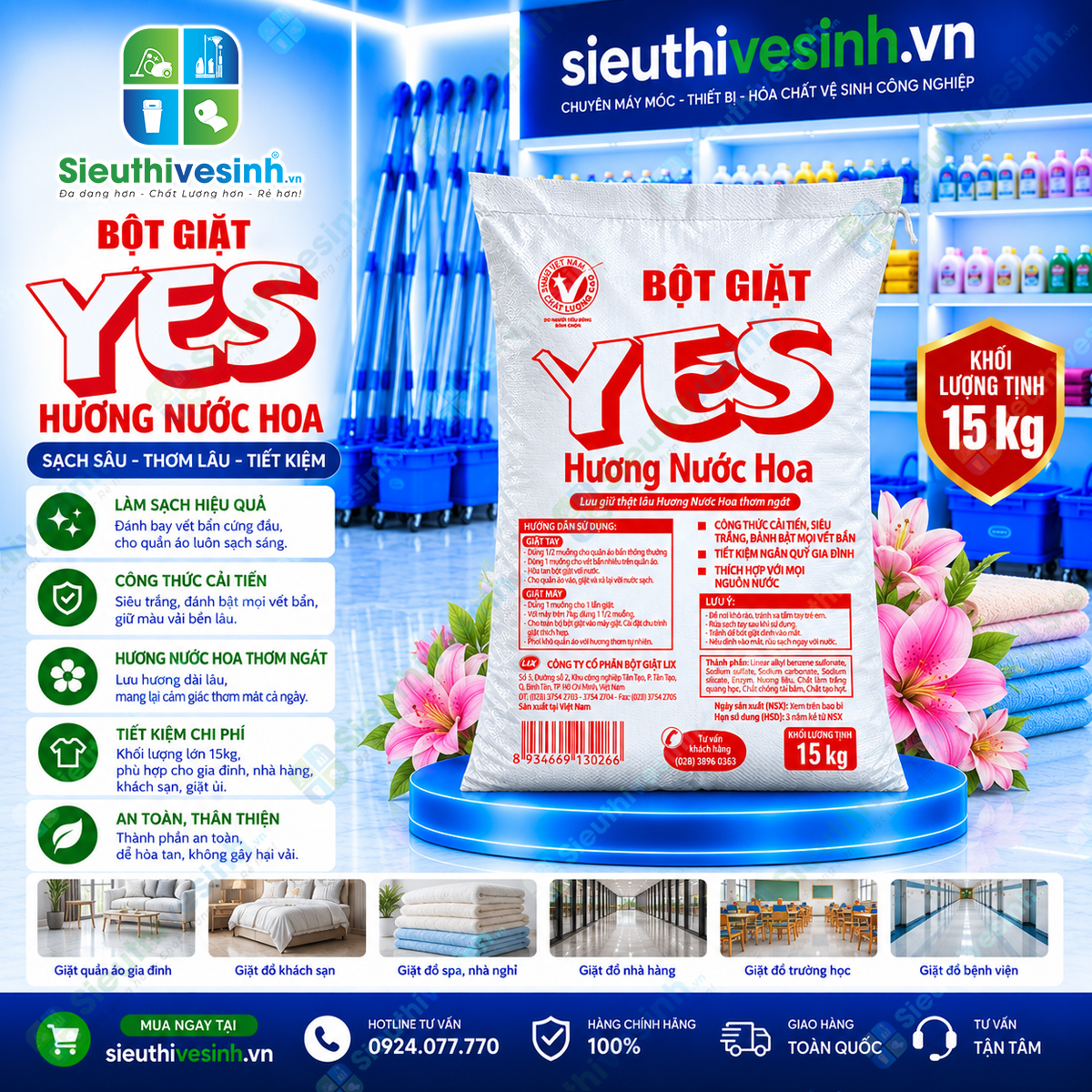 Bột Giặt YES 15kg – quy cách lớn, phù hợp giặt quần áo và đồ vải với tần suất thường xuyên.