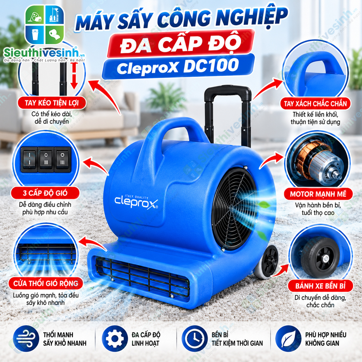 Máy sấy thổi thảm sàn CleproX DC100 1000W 3 tốc độ