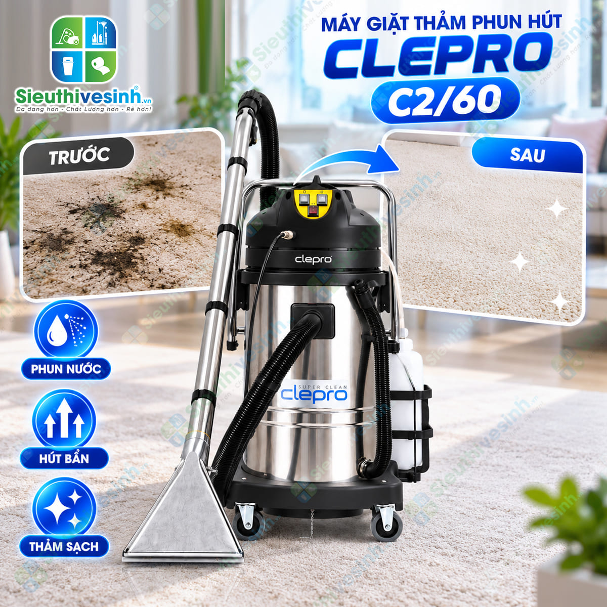 Máy giặt thảm phun hút CLEPRO C2/60 dùng để vệ sinh thảm, ghế sofa, nệm và bề mặt vải phù hợp.