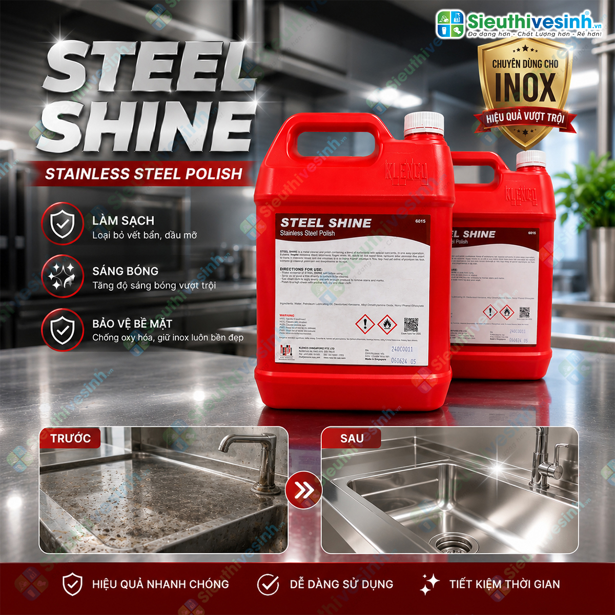 Klenco STEEL SHINE 5L giúp làm sạch, đánh bóng và bảo vệ bề mặt inox, thép không gỉ, nhôm và các kim loại, mang lại độ sáng bóng lâu dài.