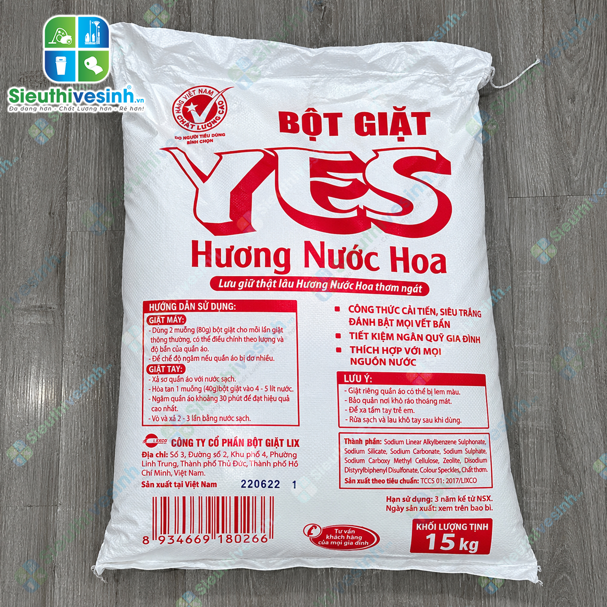Bột Giặt YES 15kg – quy cách lớn, phù hợp giặt quần áo và đồ vải với tần suất thường xuyên.