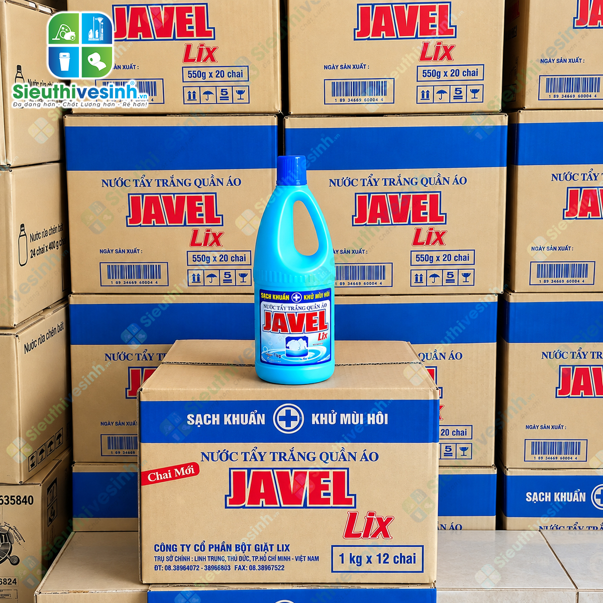 Nước Tẩy Trắng Quần Áo Lix Javel 1kg – hỗ trợ tẩy trắng quần áo trắng, xử lý vết ố vàng và vết bẩn cứng đầu.