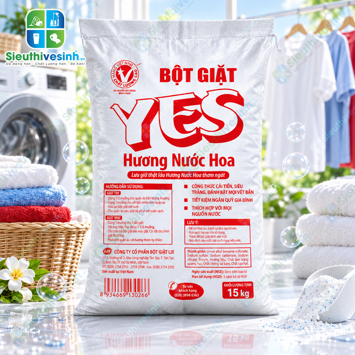 Bột Giặt YES 15kg – quy cách lớn, phù hợp giặt quần áo và đồ vải với tần suất thường xuyên.