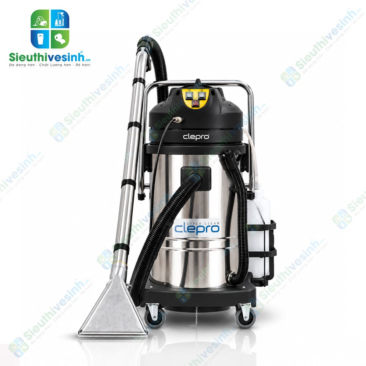 Máy giặt thảm phun hút CLEPRO C2/60 dùng để vệ sinh thảm, ghế sofa, nệm và bề mặt vải phù hợp.