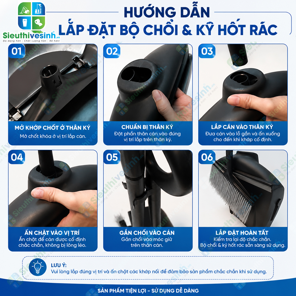Bộ chổi và ky hốt rác có nắp đậy giúp quét, thu gom và chứa rác nhanh chóng, hạn chế bụi bẩn phát tán.