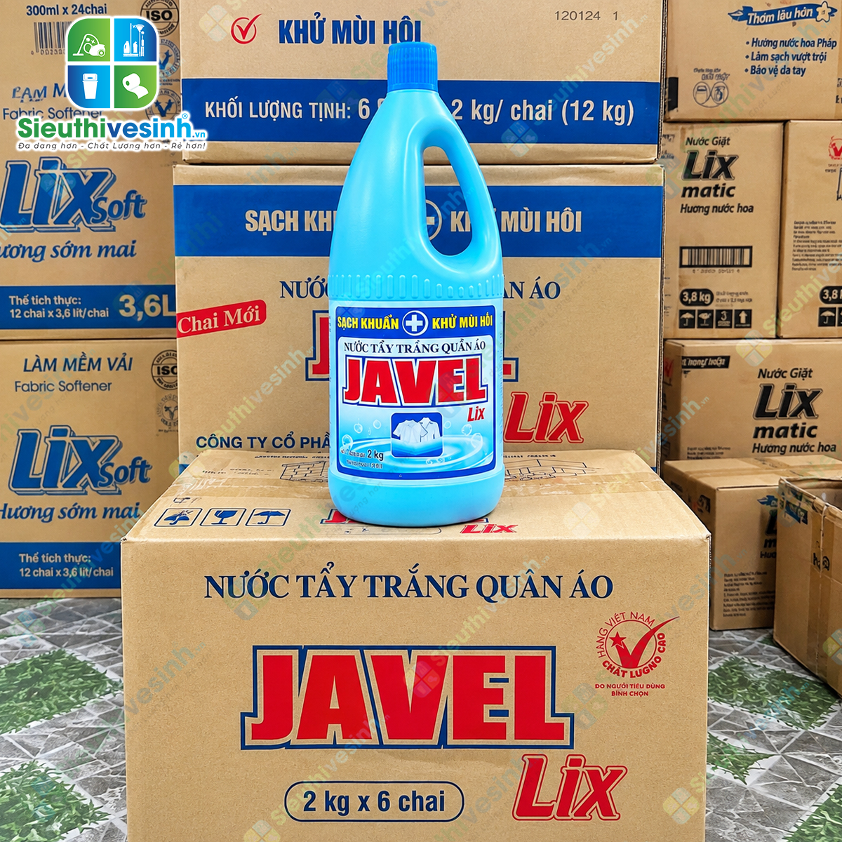 Nước Tẩy Trắng Quần Áo Lix Javel 1kg – hỗ trợ tẩy trắng quần áo trắng, xử lý vết ố vàng và vết bẩn cứng đầu.