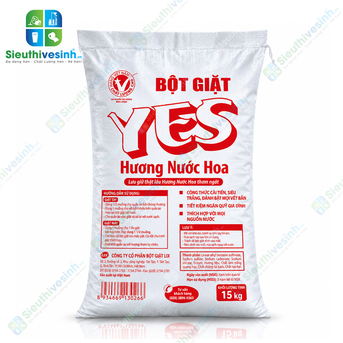 Bột Giặt YES 15kg – quy cách lớn, phù hợp giặt quần áo và đồ vải với tần suất thường xuyên.