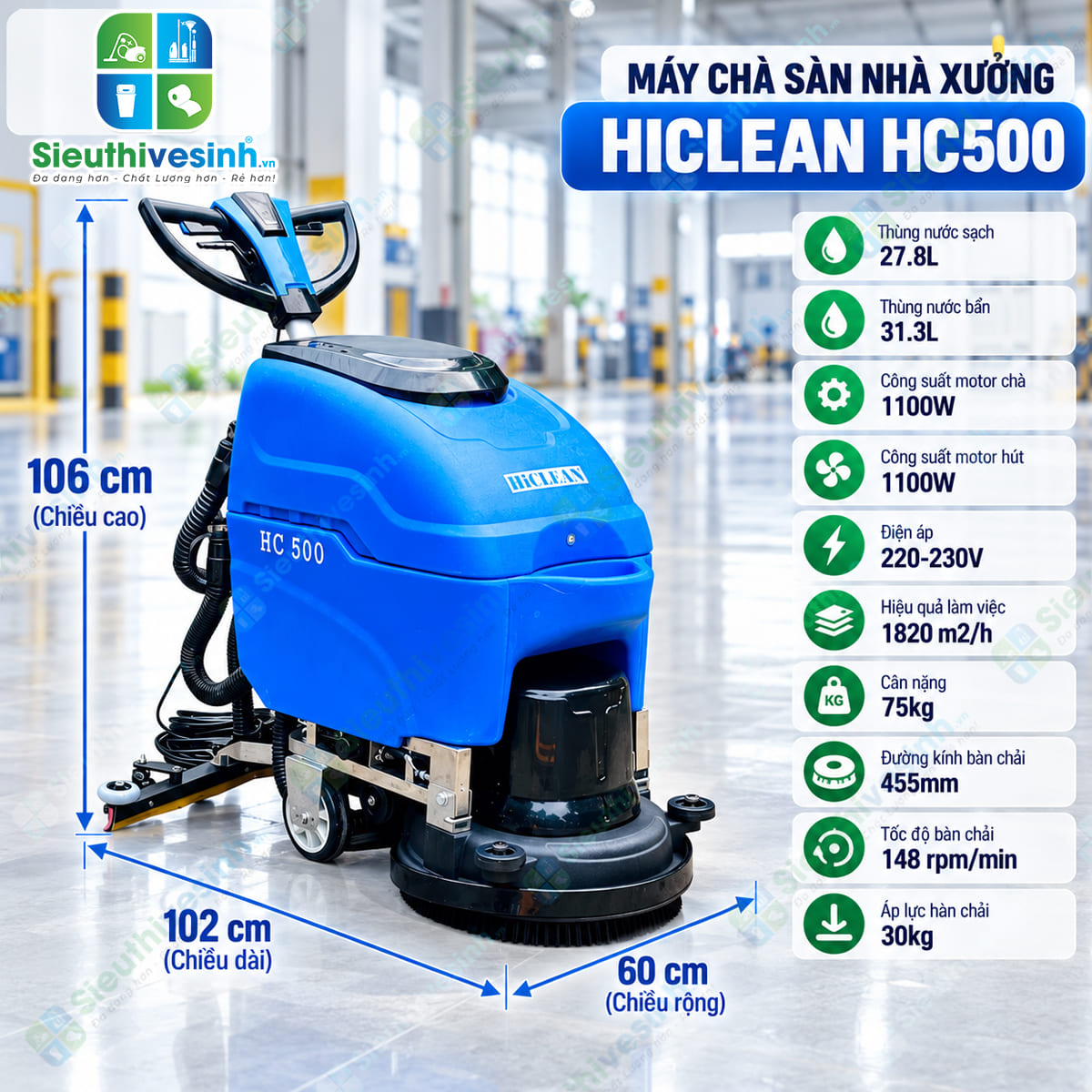 Máy chà sàn liên hợp Hiclean HC500 dùng để chà rửa và hút nước bẩn trên sàn.