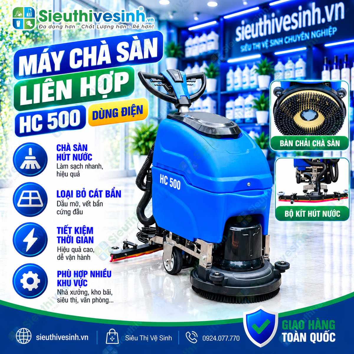 Máy chà sàn liên hợp Hiclean HC500 dùng để chà rửa và hút nước bẩn trên sàn.