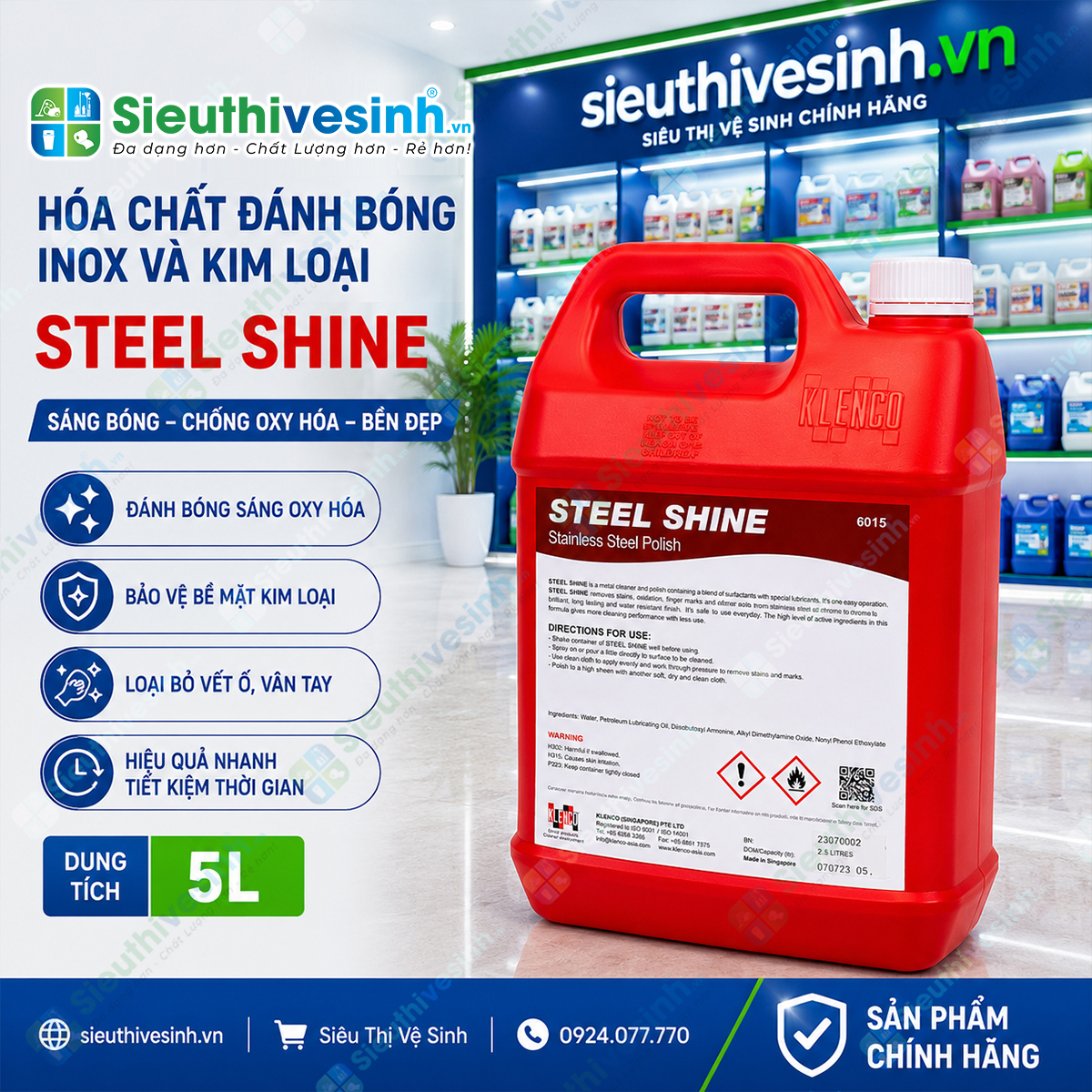 Klenco STEEL SHINE 5L giúp làm sạch, đánh bóng và bảo vệ bề mặt inox, thép không gỉ, nhôm và các kim loại, mang lại độ sáng bóng lâu dài.