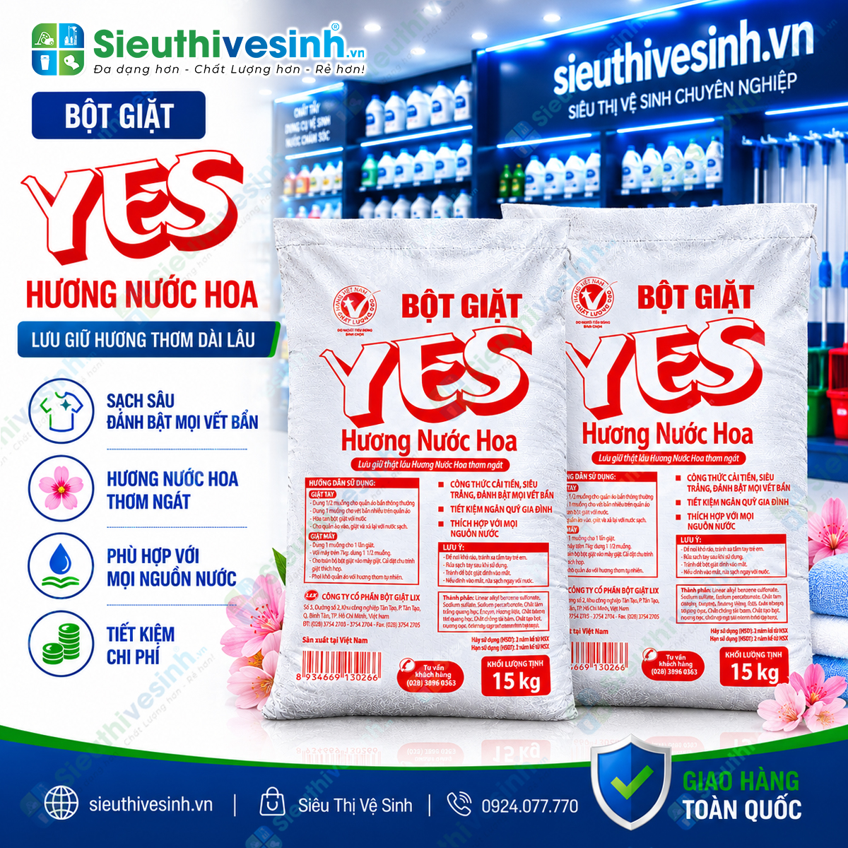 Bột Giặt YES 15kg – quy cách lớn, phù hợp giặt quần áo và đồ vải với tần suất thường xuyên.