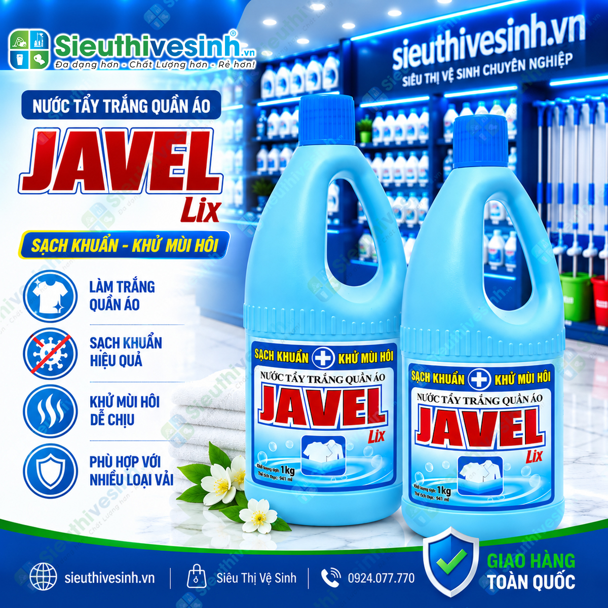 Nước Tẩy Trắng Quần Áo Lix Javel 1kg – hỗ trợ tẩy trắng quần áo trắng, xử lý vết ố vàng và vết bẩn cứng đầu.