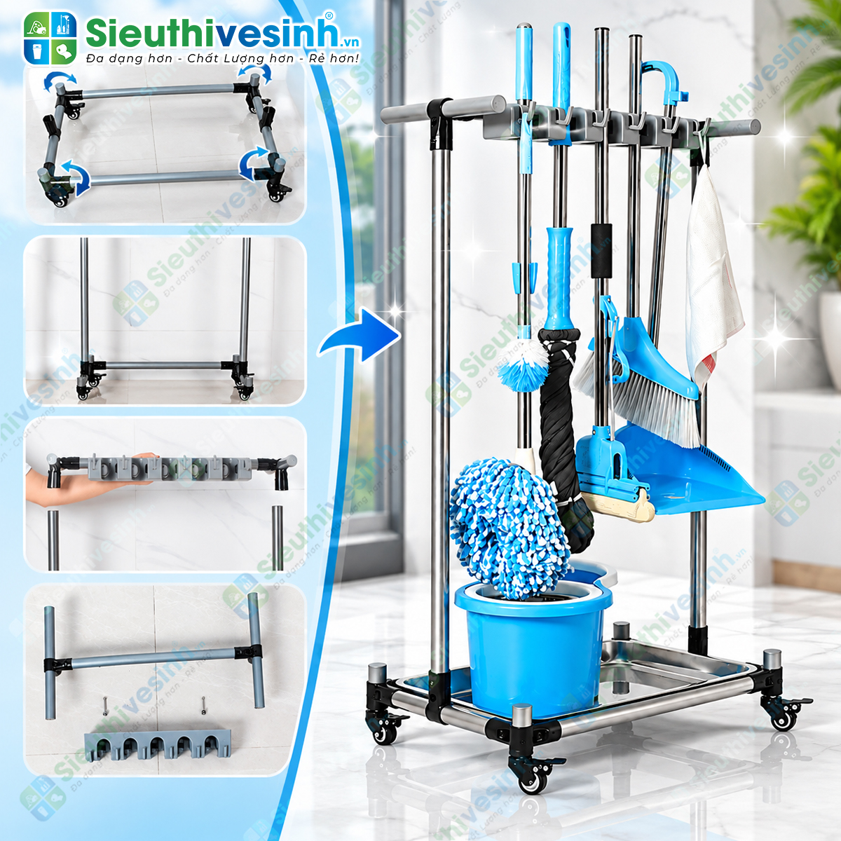 Giá treo cây lau nhà FY0506H dùng để treo và sắp xếp chổi, cây lau nhà, cây gạt nước và dụng cụ vệ sinh.