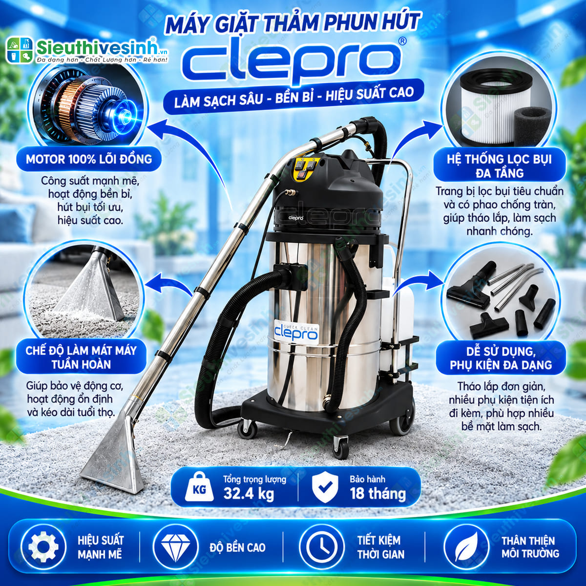 Máy giặt thảm phun hút CLEPRO C2/60 dùng để vệ sinh thảm, ghế sofa, nệm và bề mặt vải phù hợp.