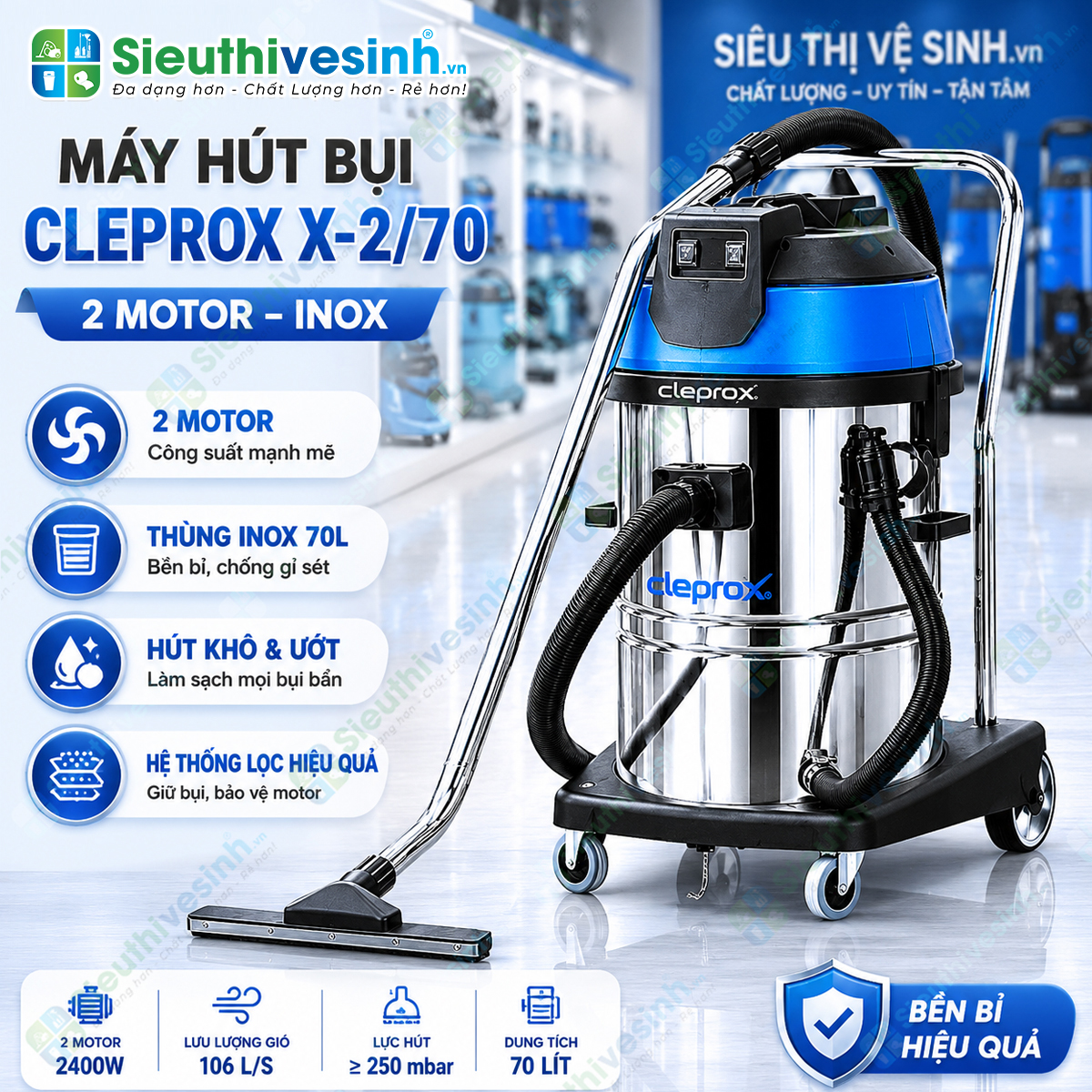 Máy hút bụi 2 motor CleproX X-2/70 thùng inox