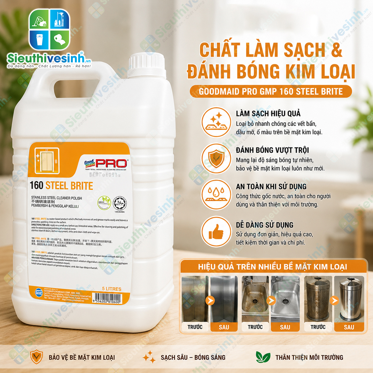 Hóa chất làm sạch và đánh bóng bề mặt inox Goodmaid PRO GMP 160 Steel Brite loại 5L