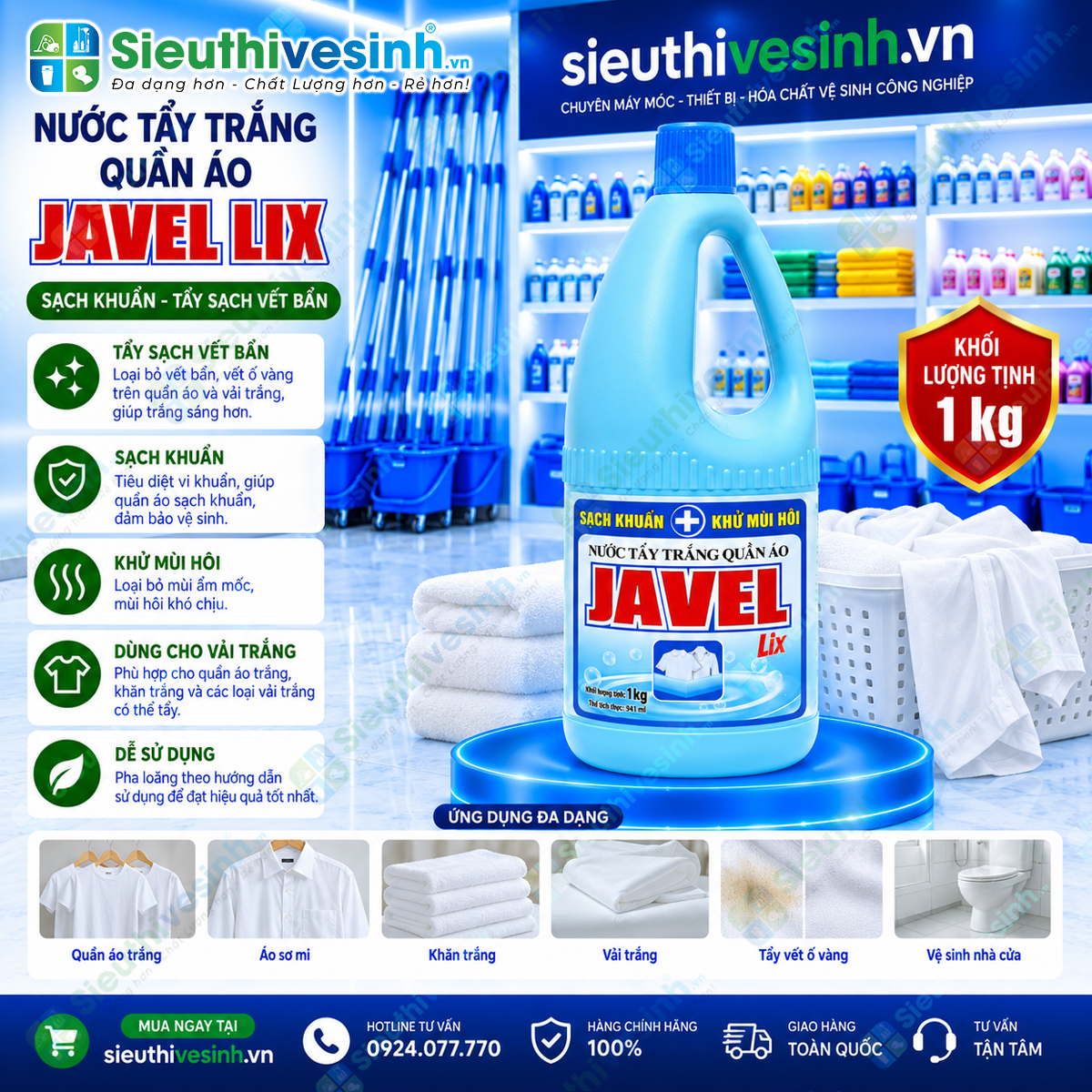 Nước Tẩy Trắng Quần Áo Lix Javel 1kg – hỗ trợ tẩy trắng quần áo trắng, xử lý vết ố vàng và vết bẩn cứng đầu.