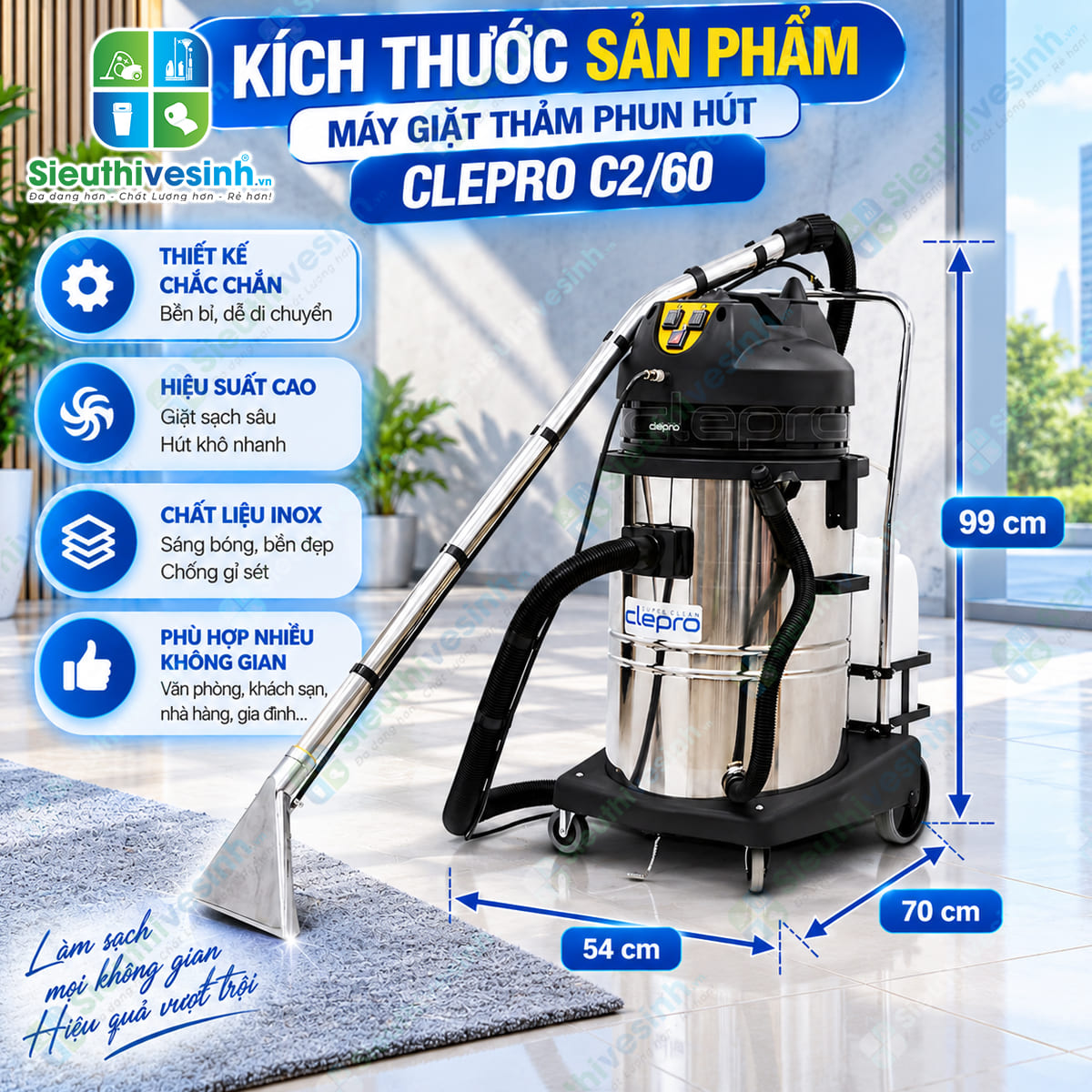 Máy giặt thảm phun hút CLEPRO C2/60 dùng để vệ sinh thảm, ghế sofa, nệm và bề mặt vải phù hợp.