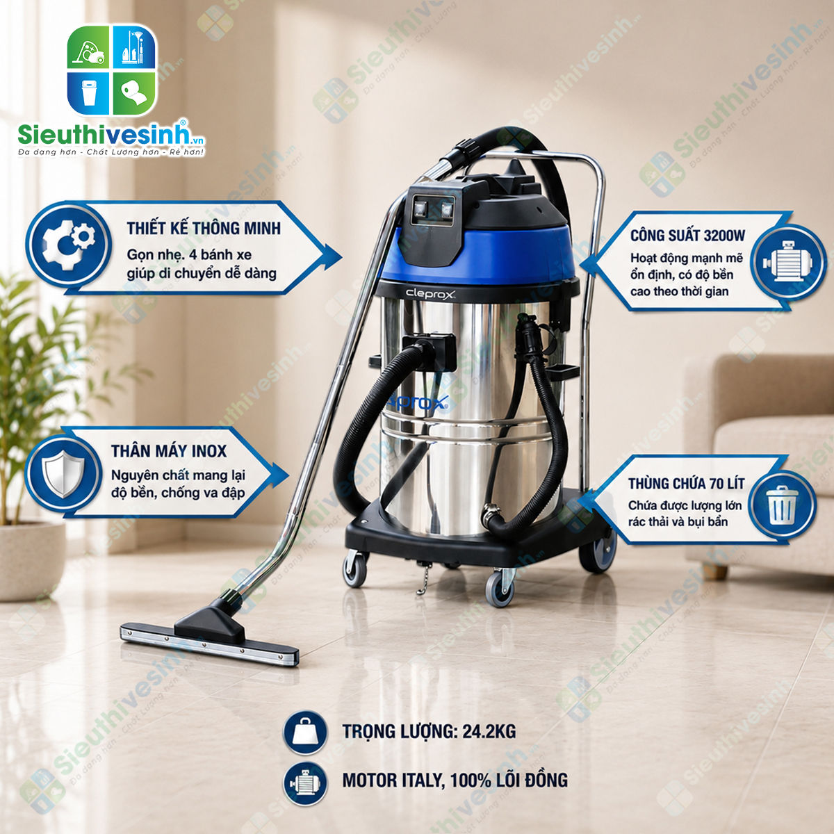 Máy hút bụi 2 motor CleproX X-2/70 thùng inox