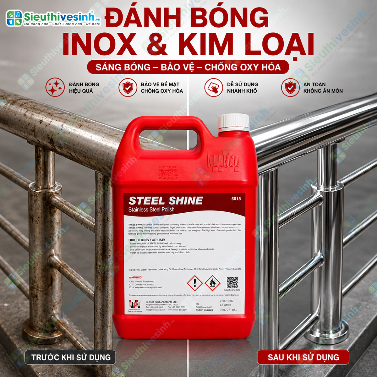 Klenco STEEL SHINE 5L giúp làm sạch, đánh bóng và bảo vệ bề mặt inox, thép không gỉ, nhôm và các kim loại, mang lại độ sáng bóng lâu dài.