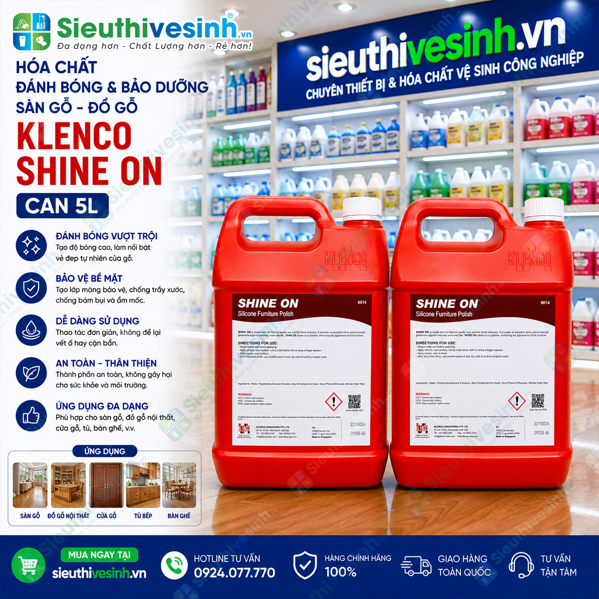 Klenco Shine On 5L giúp làm sạch, đánh bóng và bảo vệ sàn gỗ, duy trì vẻ đẹp tự nhiên và kéo dài tuổi thọ bề mặt.
