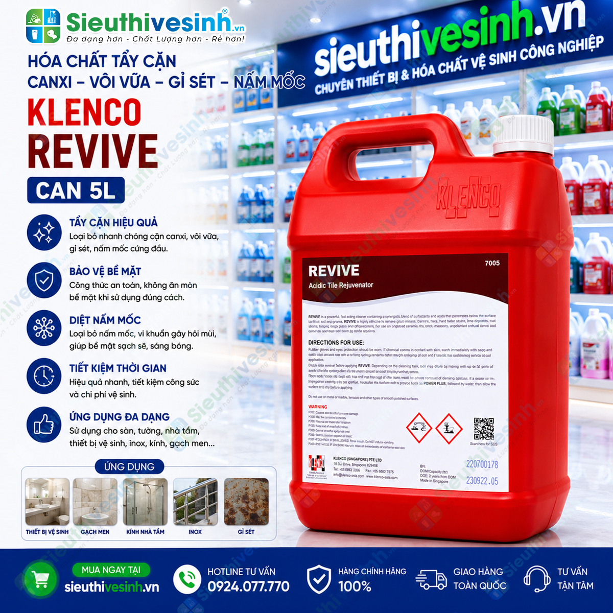 REVIVE 5L là hóa chất chuyên dụng giúp loại bỏ cặn canxi, cặn đá vôi, gỉ sét, vôi vữa và nấm mốc trên nhiều loại bề mặt.