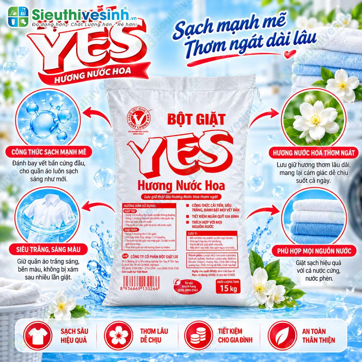 Bột Giặt YES 15kg – quy cách lớn, phù hợp giặt quần áo và đồ vải với tần suất thường xuyên.