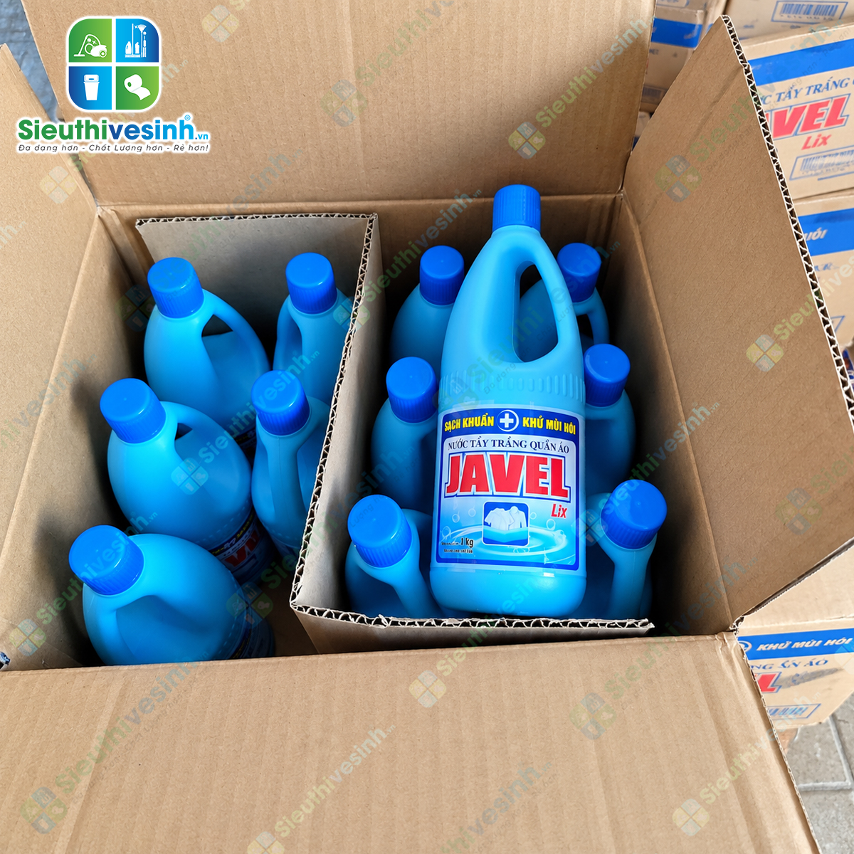 Nước Tẩy Trắng Quần Áo Lix Javel 1kg – hỗ trợ tẩy trắng quần áo trắng, xử lý vết ố vàng và vết bẩn cứng đầu.
