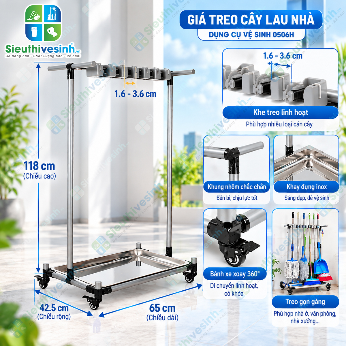 Giá treo cây lau nhà FY0506H dùng để treo và sắp xếp chổi, cây lau nhà, cây gạt nước và dụng cụ vệ sinh.