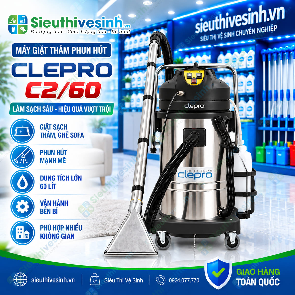 Máy giặt thảm phun hút CLEPRO C2/60 dùng để vệ sinh thảm, ghế sofa, nệm và bề mặt vải phù hợp.