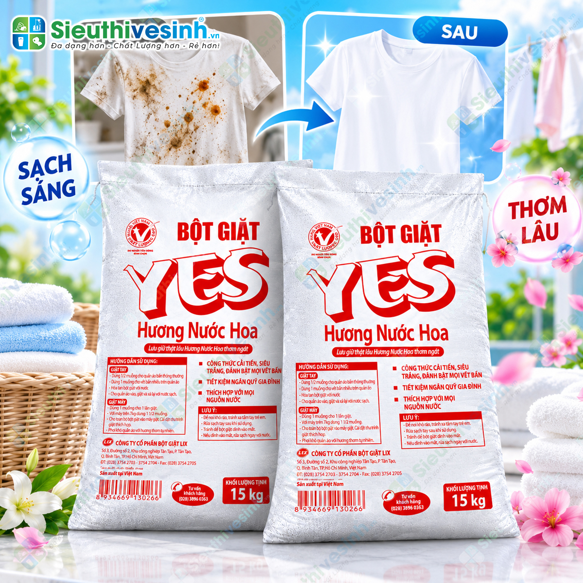 Bột Giặt YES 15kg – quy cách lớn, phù hợp giặt quần áo và đồ vải với tần suất thường xuyên.