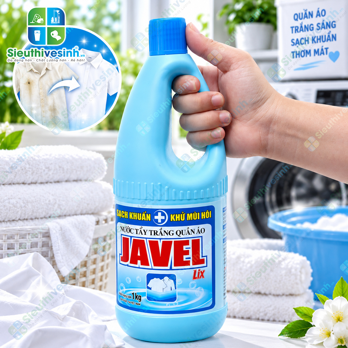 Nước Tẩy Trắng Quần Áo Lix Javel 1kg – hỗ trợ tẩy trắng quần áo trắng, xử lý vết ố vàng và vết bẩn cứng đầu.