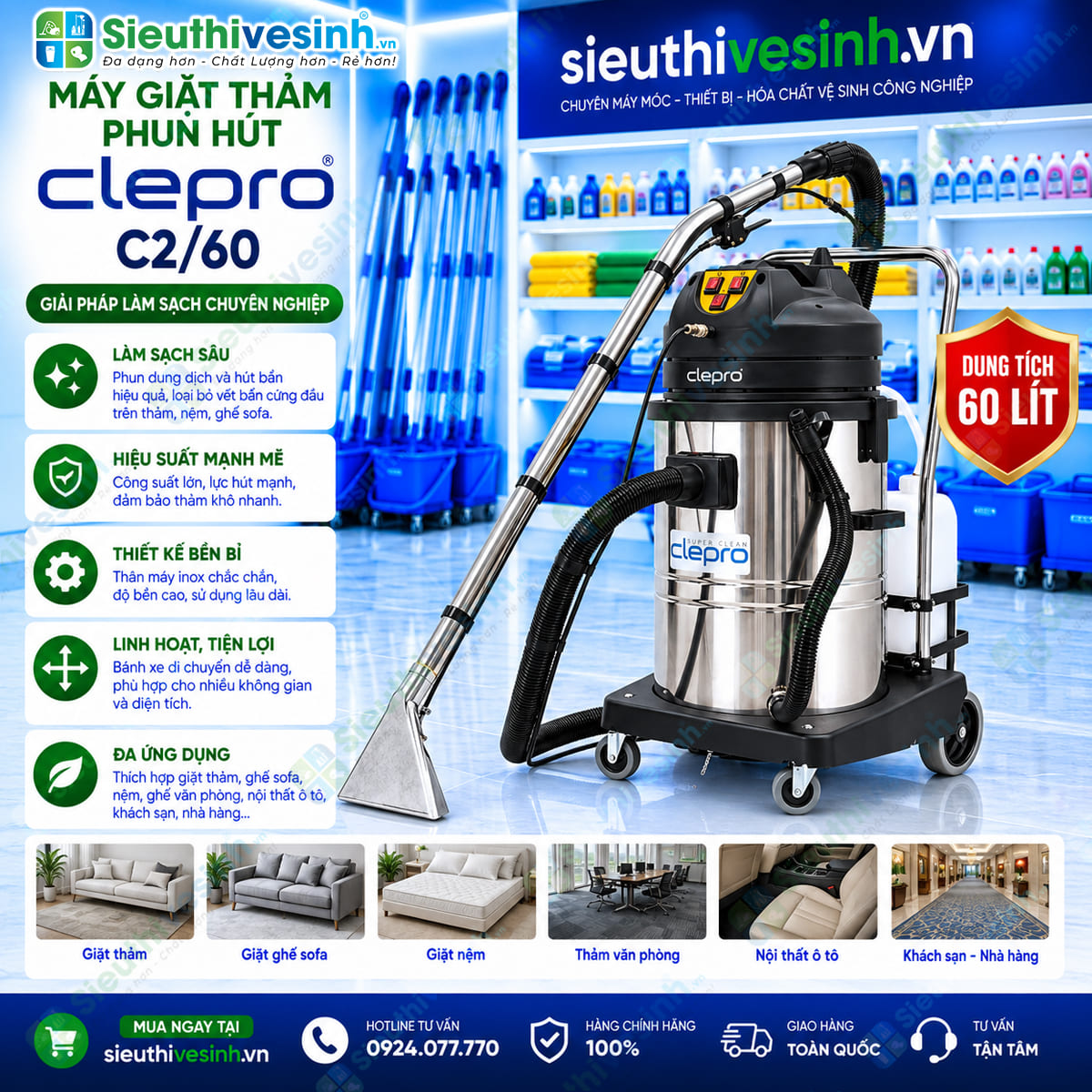 Máy giặt thảm phun hút CLEPRO C2/60 dùng để vệ sinh thảm, ghế sofa, nệm và bề mặt vải phù hợp.