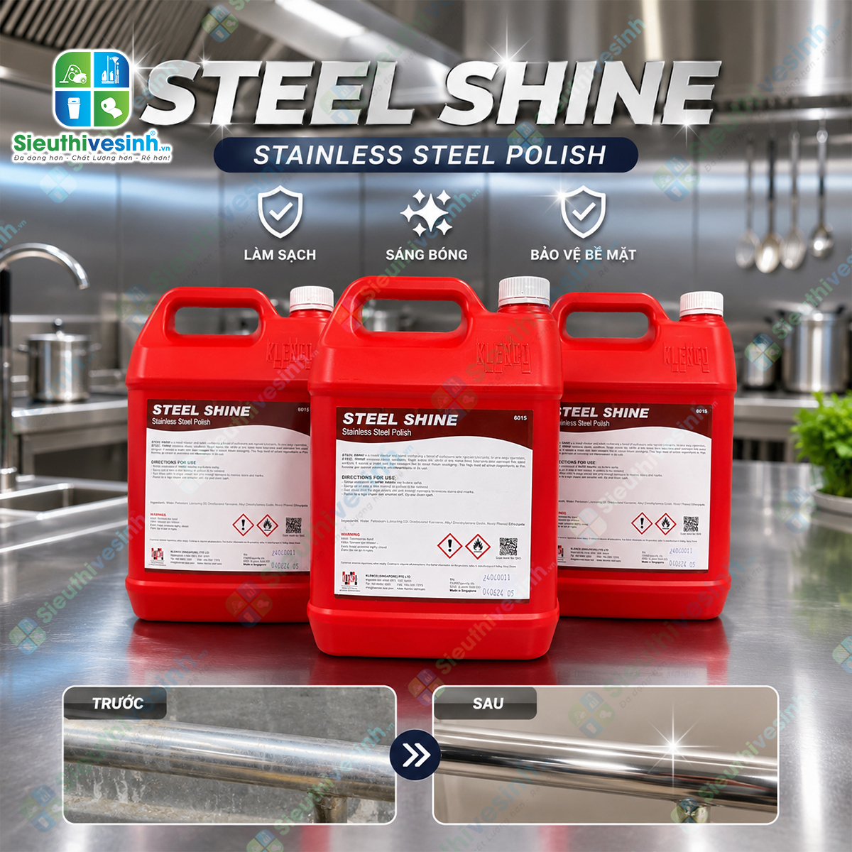 Klenco STEEL SHINE 5L giúp làm sạch, đánh bóng và bảo vệ bề mặt inox, thép không gỉ, nhôm và các kim loại, mang lại độ sáng bóng lâu dài.