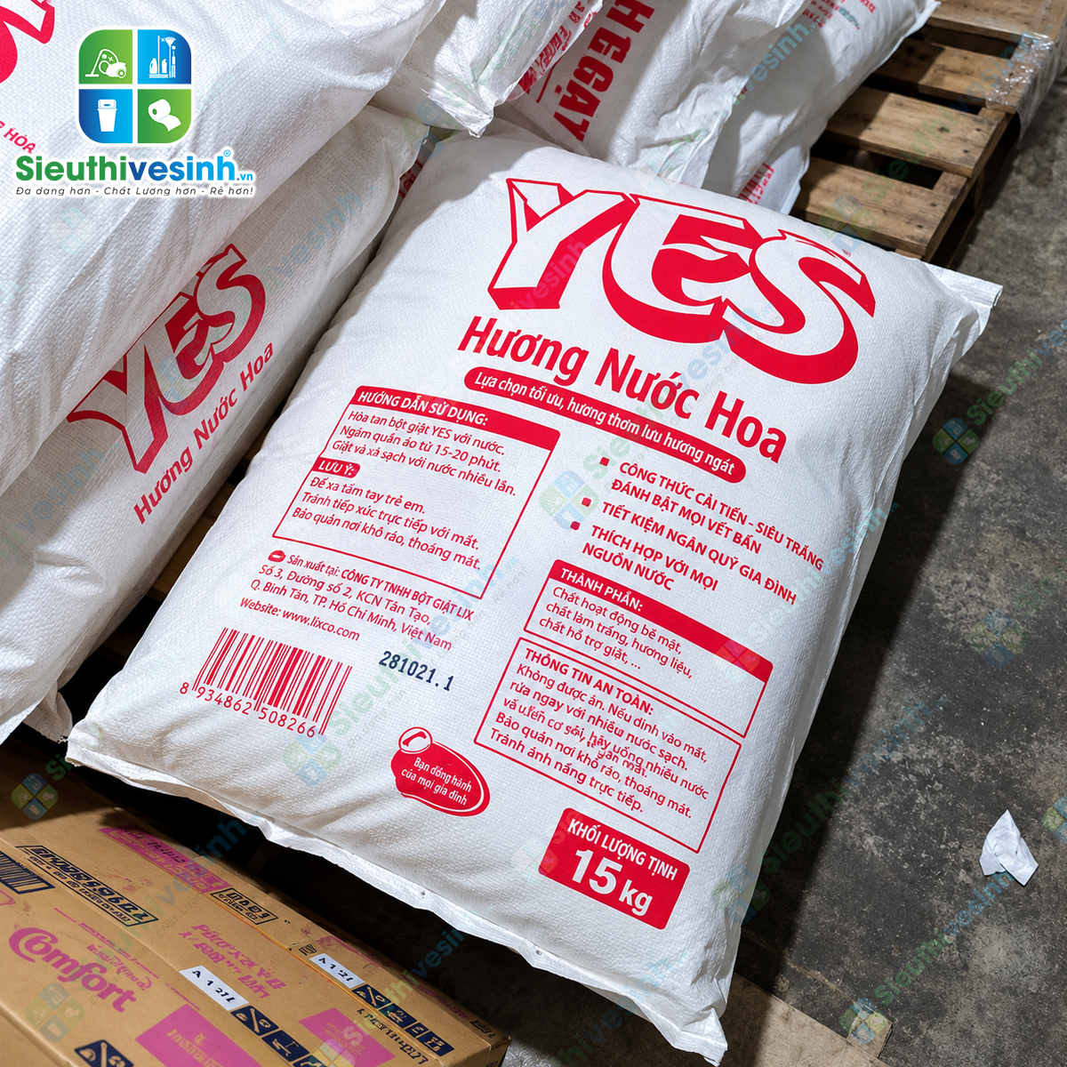 Bột Giặt YES 15kg – quy cách lớn, phù hợp giặt quần áo và đồ vải với tần suất thường xuyên.