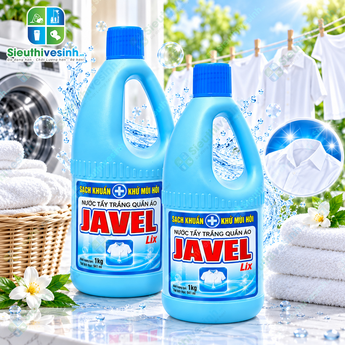 Nước Tẩy Trắng Quần Áo Lix Javel 1kg – hỗ trợ tẩy trắng quần áo trắng, xử lý vết ố vàng và vết bẩn cứng đầu.