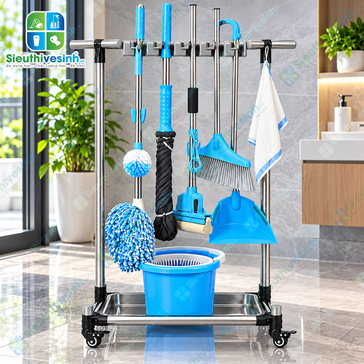 Giá treo cây lau nhà FY0506H dùng để treo và sắp xếp chổi, cây lau nhà, cây gạt nước và dụng cụ vệ sinh.
