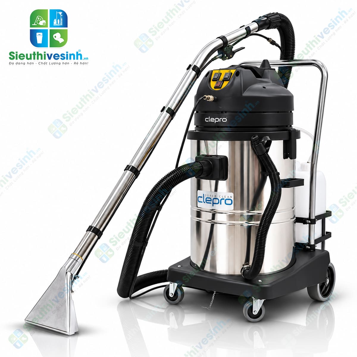 Máy giặt thảm phun hút CLEPRO C2/60 dùng để vệ sinh thảm, ghế sofa, nệm và bề mặt vải phù hợp.