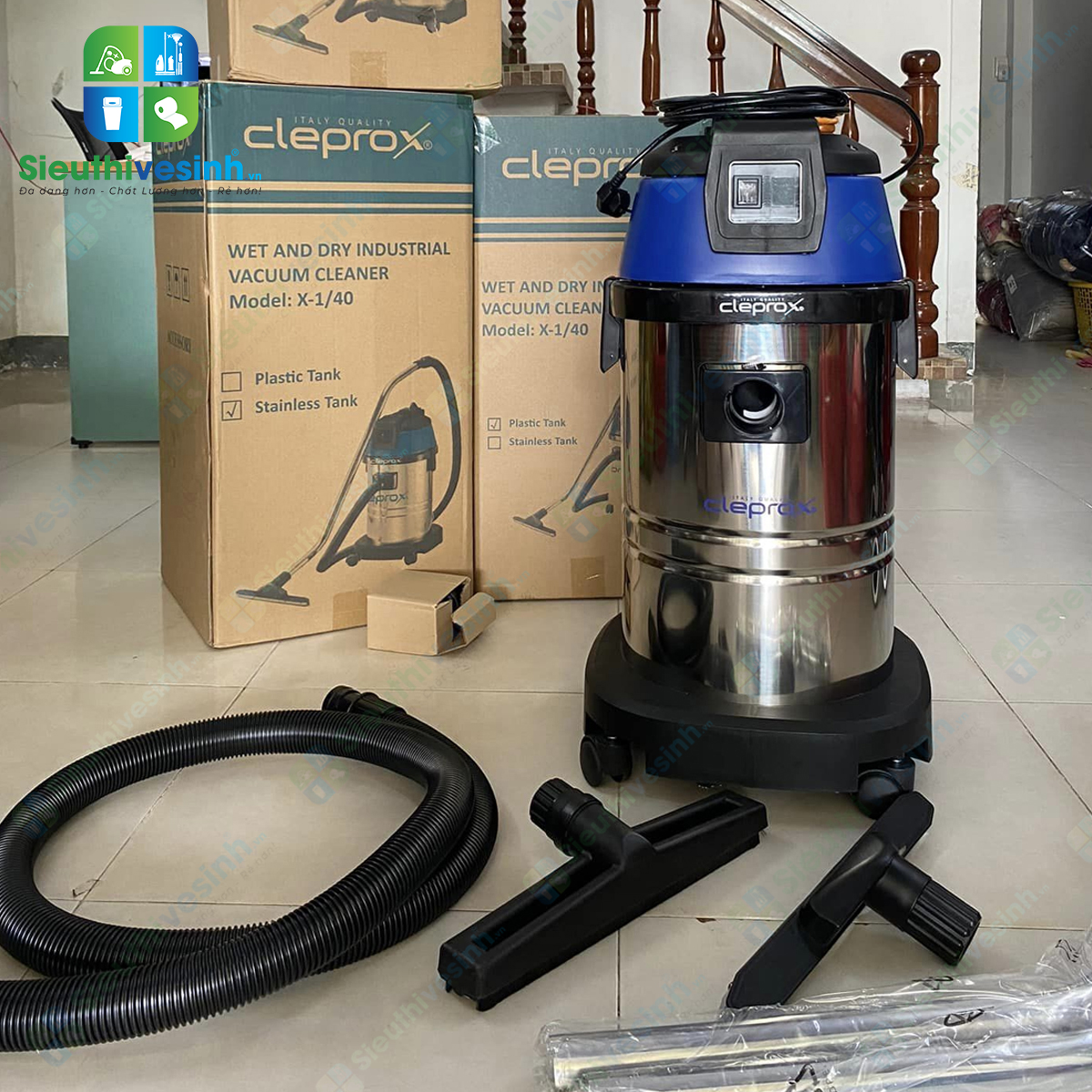 Máy hút bụi CleproX X-1/40 thùng inox công suất 1800W, hút bụi khô và hút nước hiệu quả, phù hợp cho vệ sinh công nghiệp và thương mại.