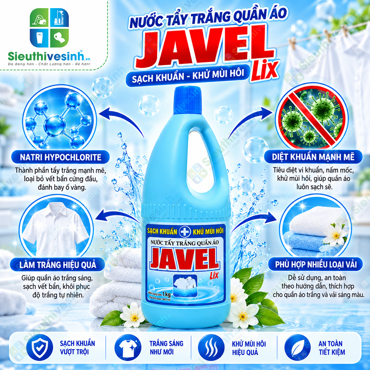 Nước Tẩy Trắng Quần Áo Lix Javel 1kg – hỗ trợ tẩy trắng quần áo trắng, xử lý vết ố vàng và vết bẩn cứng đầu.