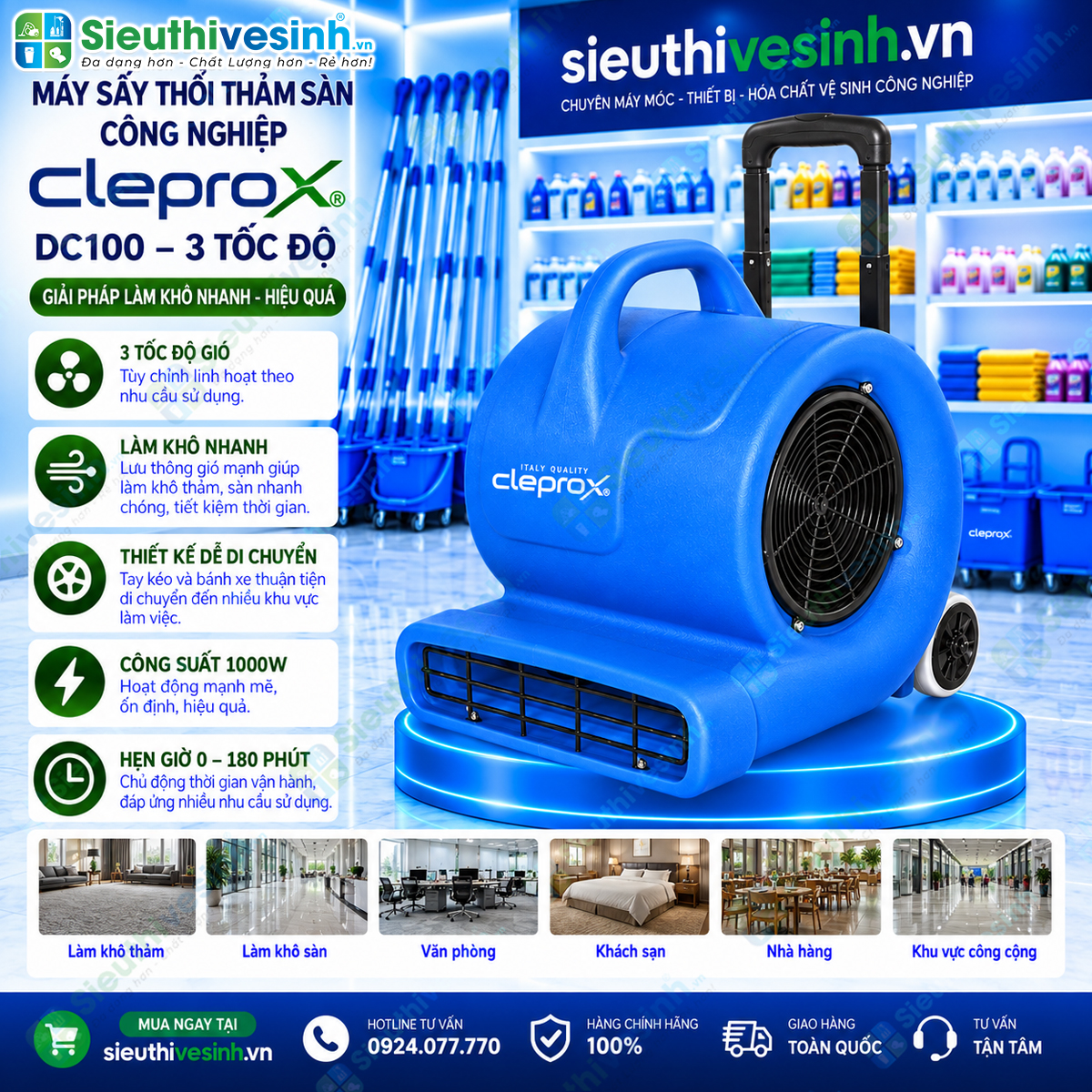 Máy sấy thổi thảm sàn CleproX DC100 1000W 3 tốc độ
