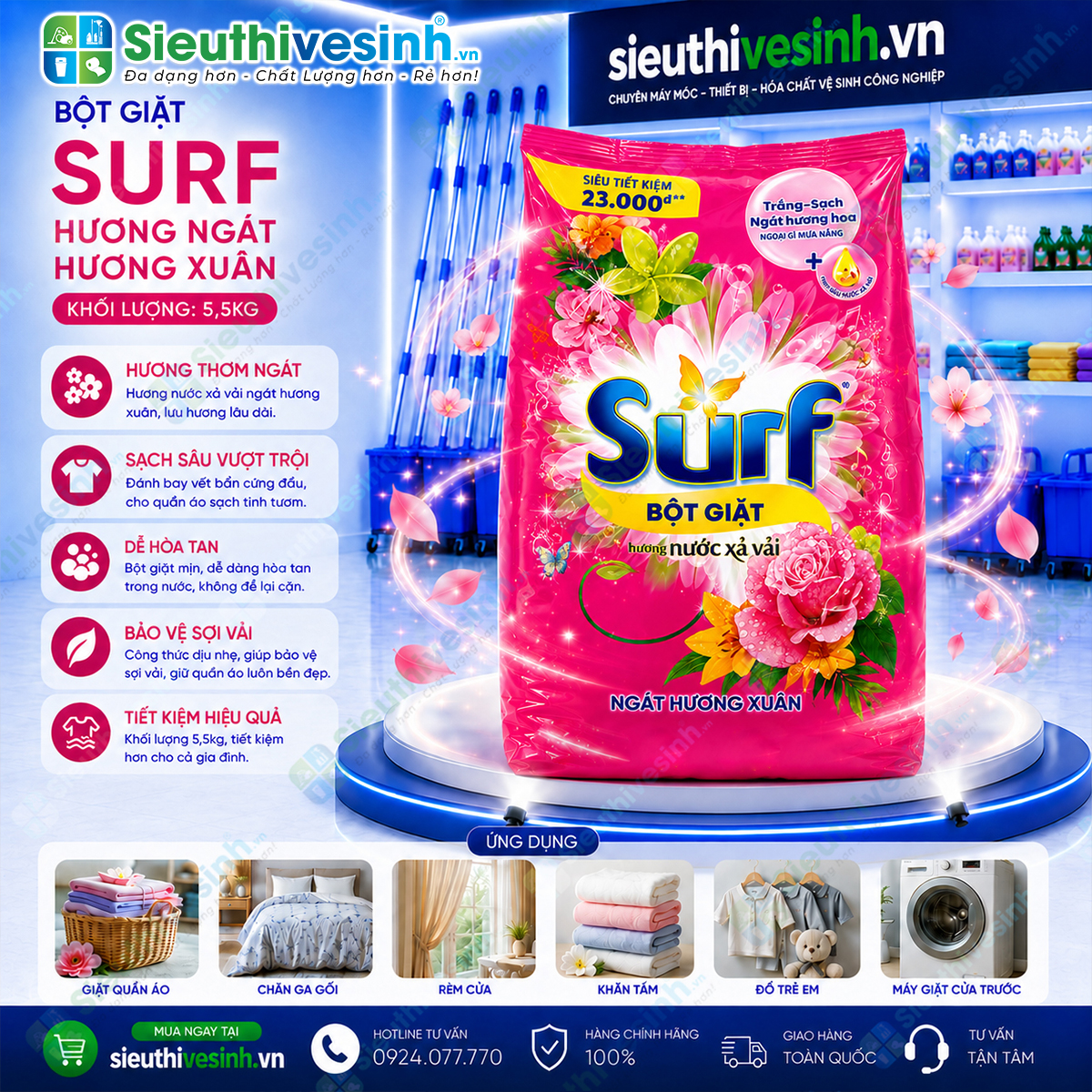 Bột Giặt Surf Hương Ngát Hương Xuân 5.5kg – hương nước xả vải, phù hợp giặt quần áo hằng ngày.