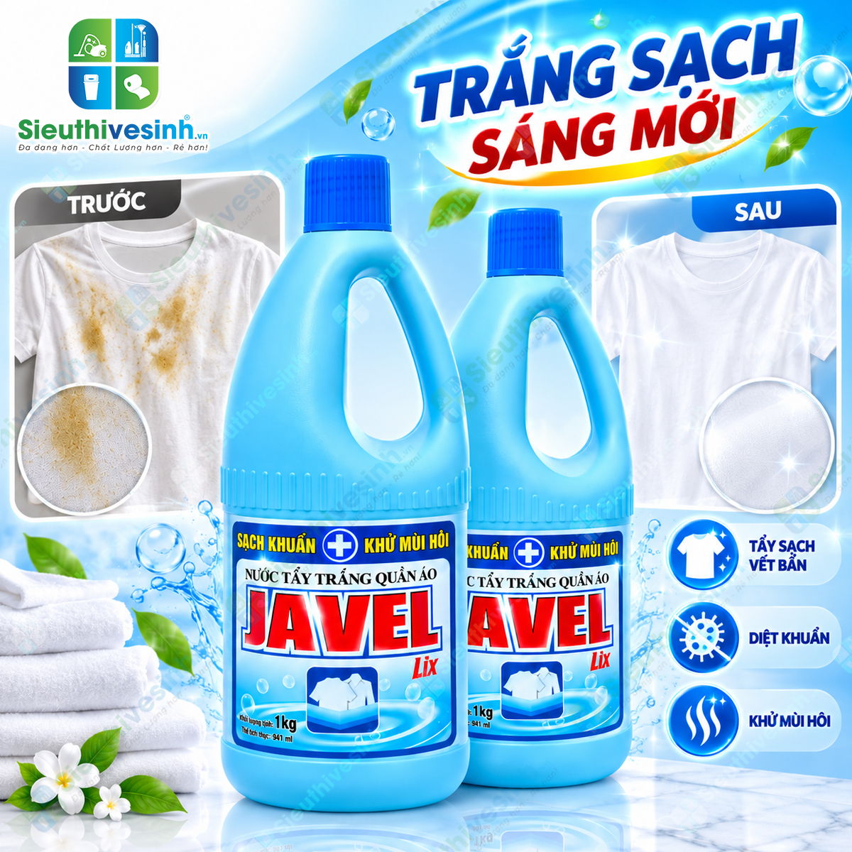 Nước Tẩy Trắng Quần Áo Lix Javel 1kg – hỗ trợ tẩy trắng quần áo trắng, xử lý vết ố vàng và vết bẩn cứng đầu.