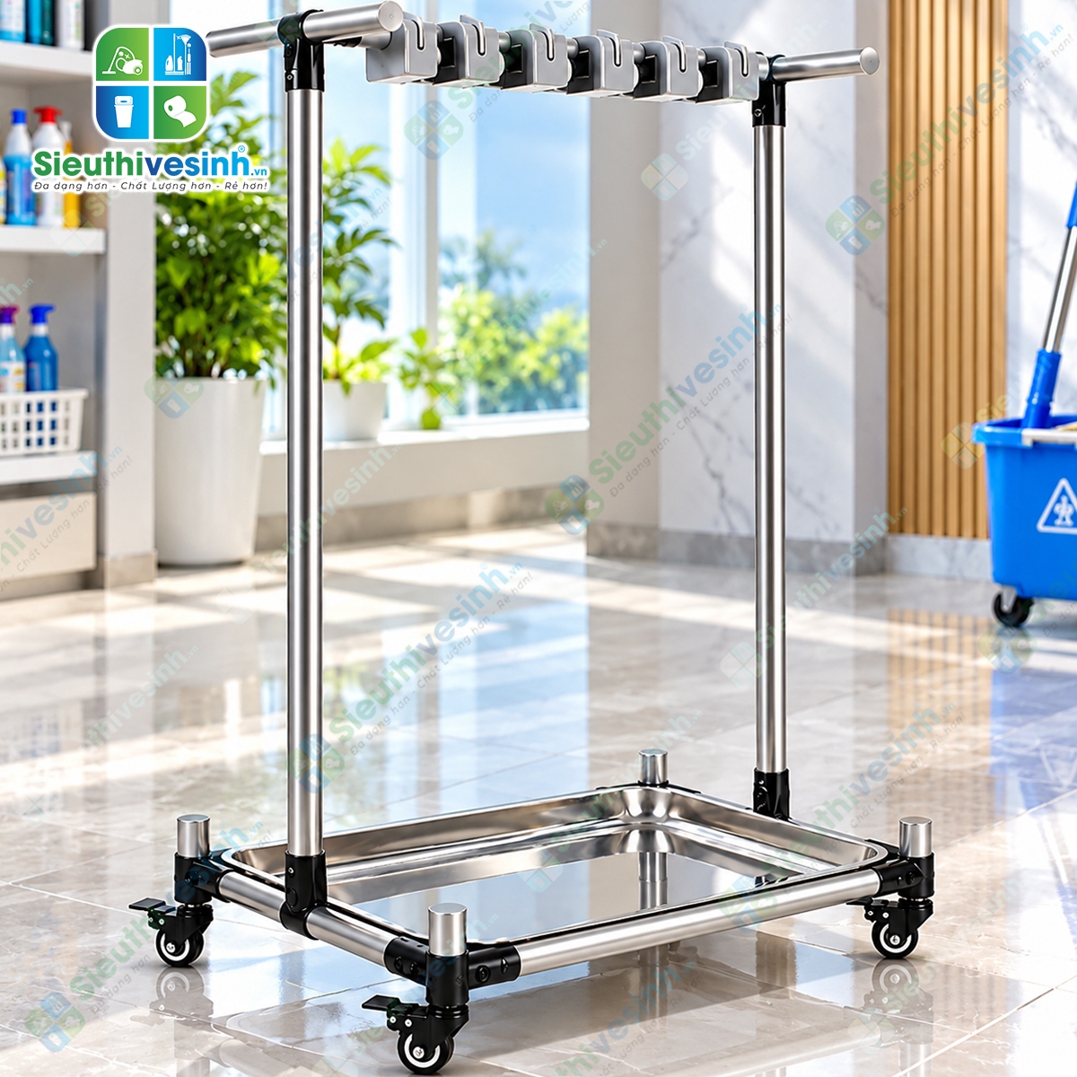 Giá treo cây lau nhà FY0506H dùng để treo và sắp xếp chổi, cây lau nhà, cây gạt nước và dụng cụ vệ sinh.