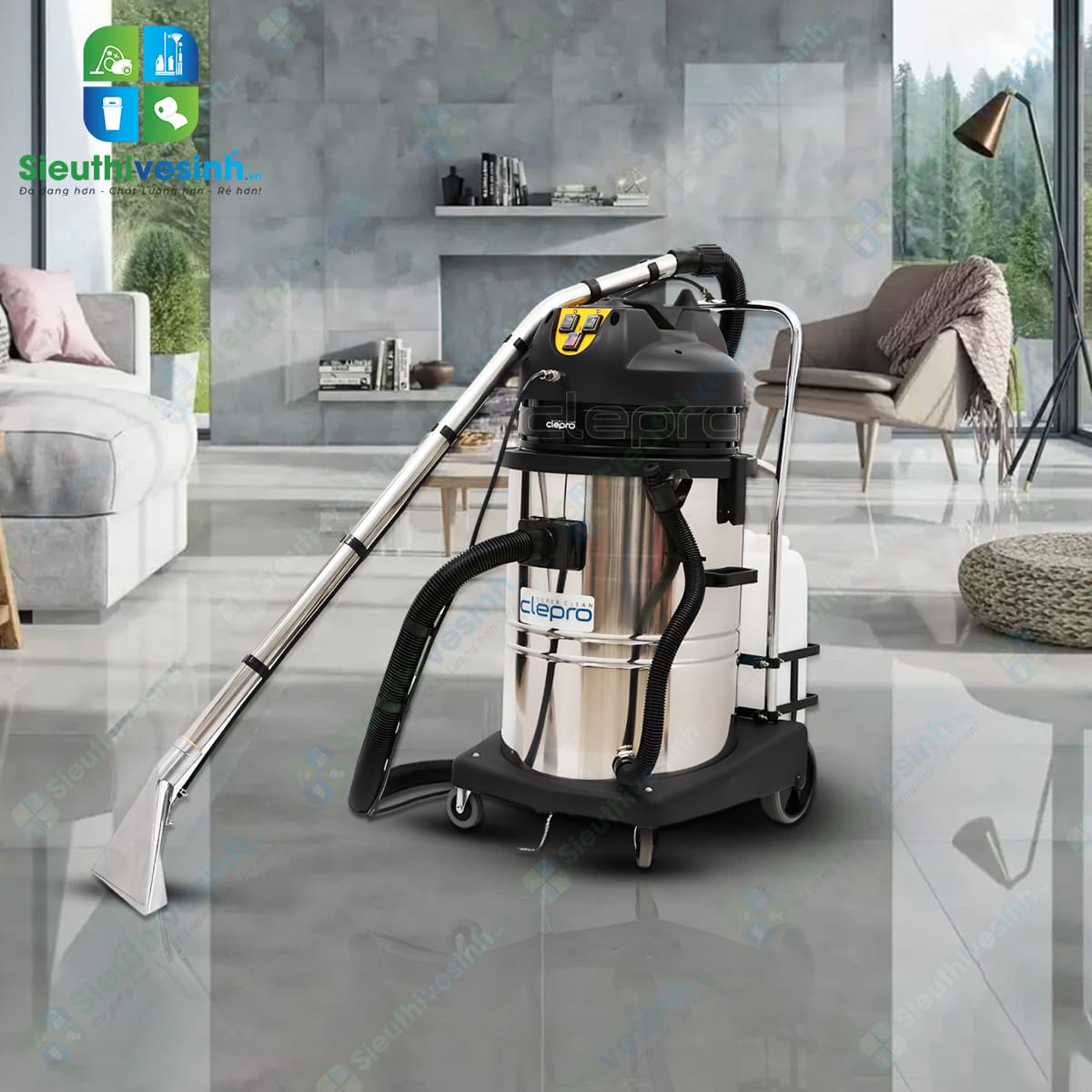 Máy giặt thảm phun hút CLEPRO C2/60 dùng để vệ sinh thảm, ghế sofa, nệm và bề mặt vải phù hợp.