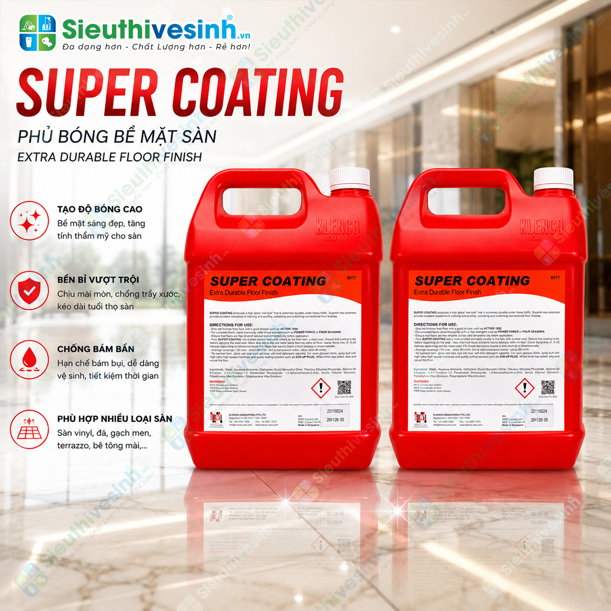 Klenco Super Coating 5L tạo lớp phủ polyme bền chắc giúp tăng độ bóng, chống trầy xước và bảo vệ nhiều loại bề mặt sàn cứng.